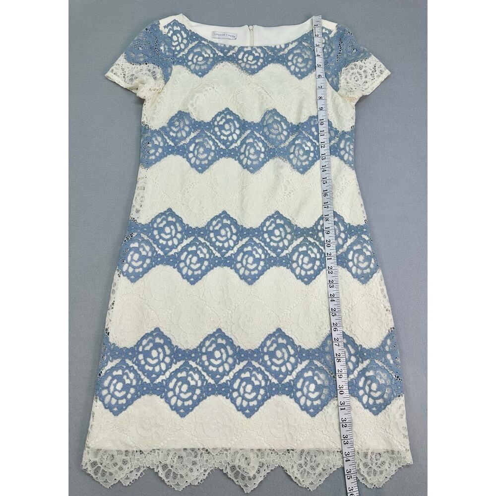 London Times Blue White Lace Sheath Dress Elegant Floral Crochet Overlay Size 6 - Picture 9 of 12